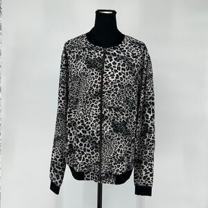 KORI AMERICA Womens Bomber Jacket L Gray Black Leopard Zip Front Lightweight